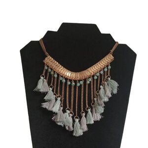 Light Blue & Gold Tone String Tassels Double Strand Bib Style Statement Necklace